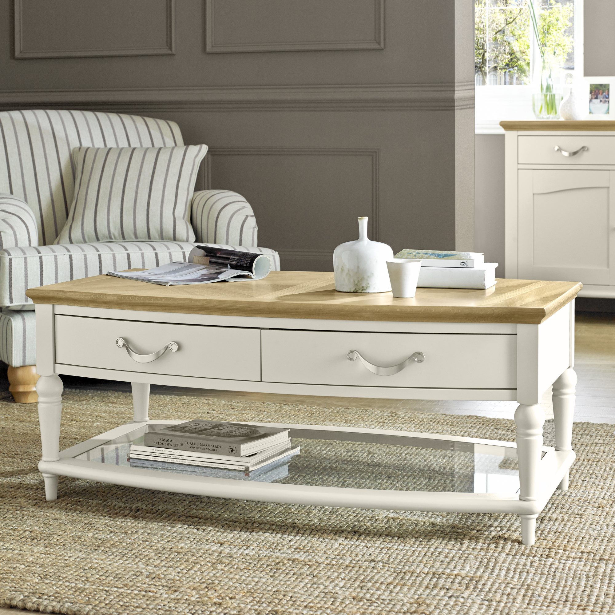 Montreux Pale Oak & Antique White Coffee Table With Drawers Bentley