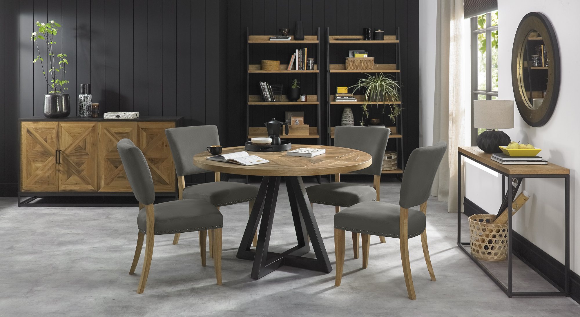 Indus Rustic Oak Circular Dining Table | Dining Furniture - Bentley Designs