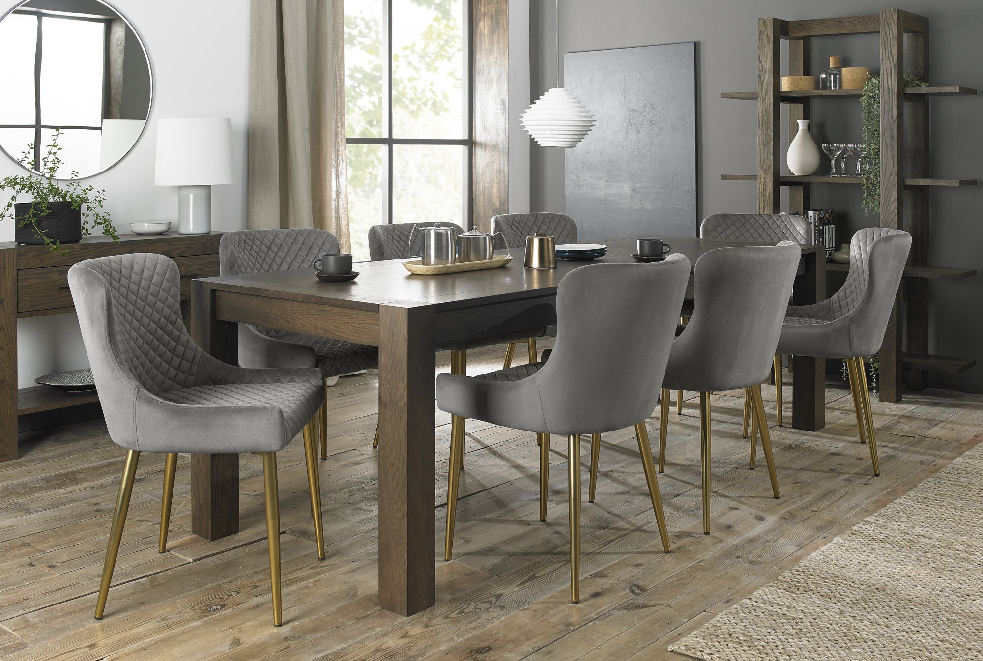 Gallery Collection Cezanne - Grey Velvet Fabric Chairs with Matt Gold