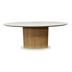 Marlow Matt White Sintered Stone 6 Seater Dining Table with Oak Veneer & Coloured Glass Base