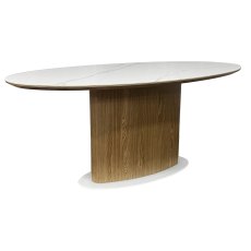 Marlow Matt White Sintered Stone 6 Seater Dining Table with Oak Veneer & Coloured Glass Base