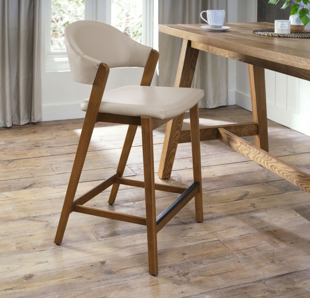 Camden Rustic Oak Upholstered Bar Stool in an Ivory Bonded Leather (Single)