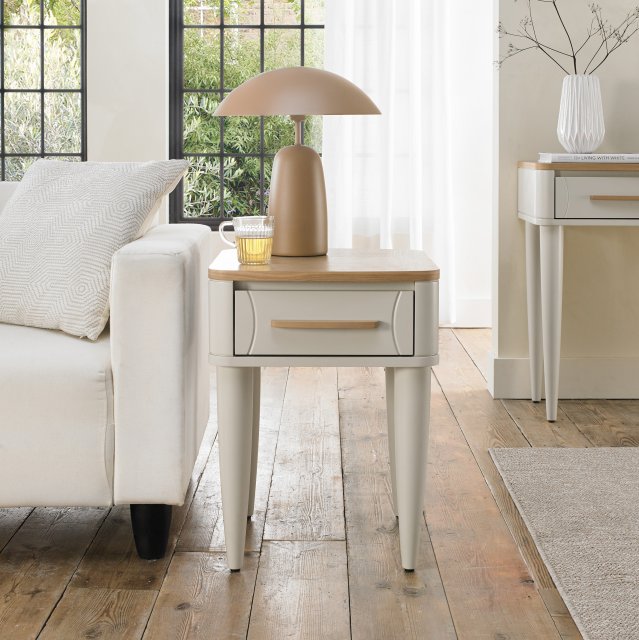 Premier Collection Larsen Scandi Oak & Soft Grey Lamp Table with Drawer