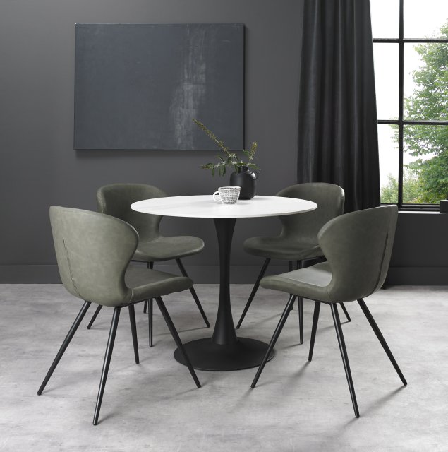 Gallery Collection Bistro Matte White Sintered Stone Circular Dining Table With Black Sand Powder Coated Base