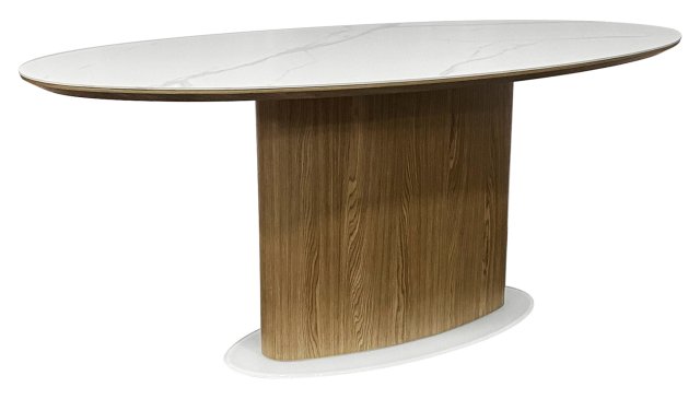 Gallery Collection Marlow Matt White Sintered Stone 6 Seater Dining Table with Oak Veneer & Coloured Glass Base